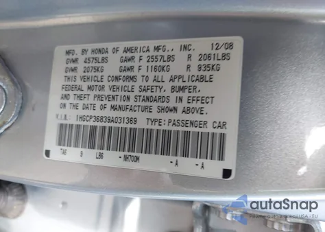 2009 Honda Accord Sdn 3.5 Ex-L/Ex-L из США, поврежденный, VIN 1HGCP36839A031369